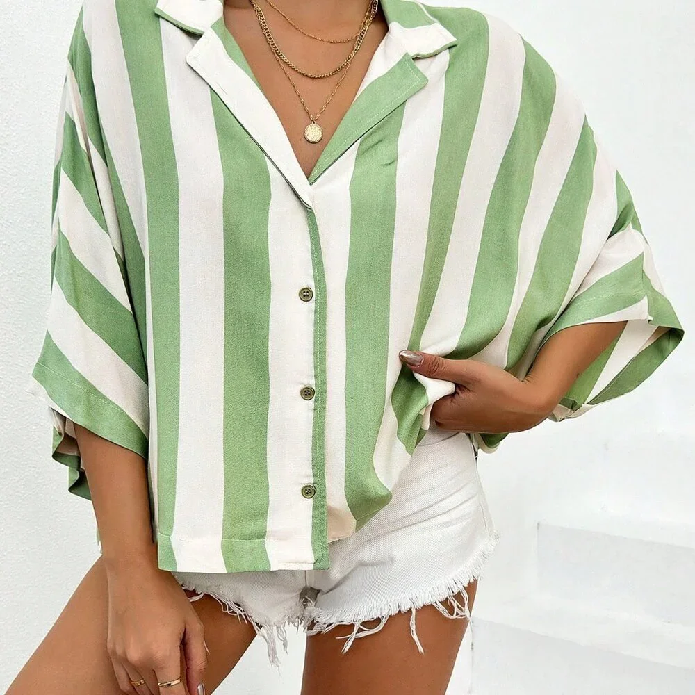 Green Casual Women's Batwing Sleeve Striped Shirt - Picture 6 of 6